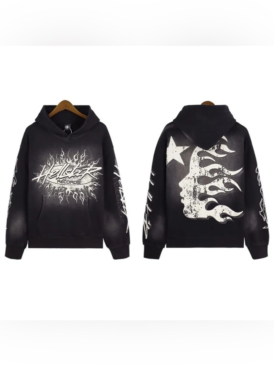 Hellstar Other - Hellstar Records Tour flame-print hoodie in faded black.